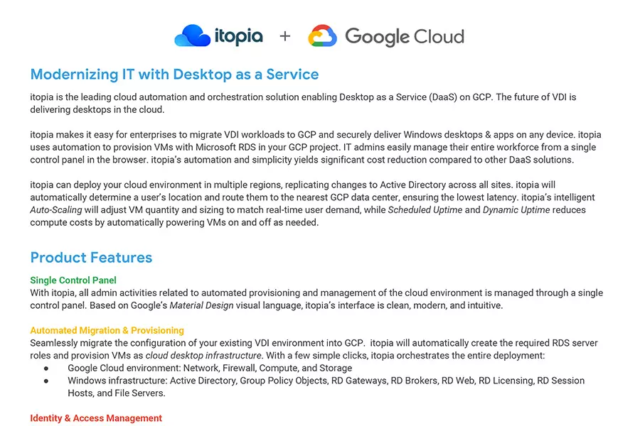 itopia - Solutions Datasheet