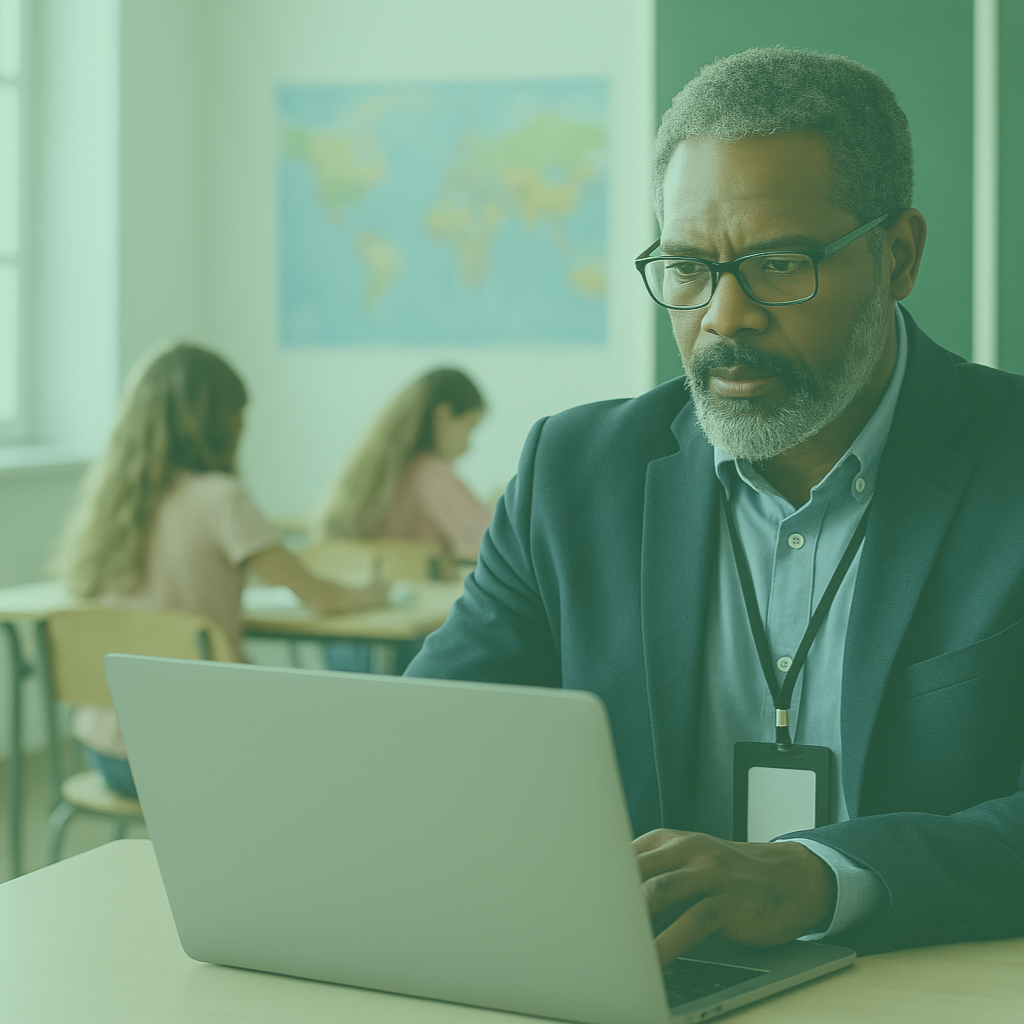 k12 principal at laptop monitoring student safety